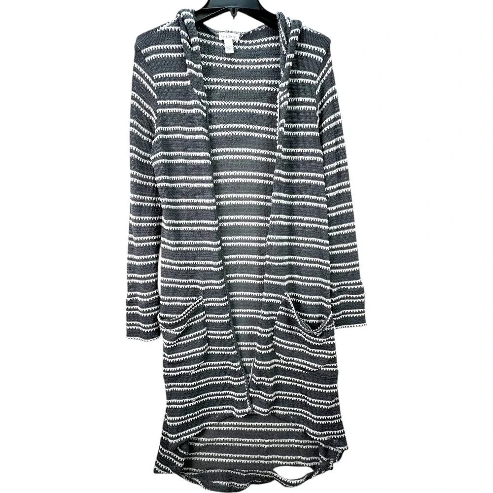 🌸3/$15🌸 FULL TILT Gray White Stripe Knit Hooded Long Duster Cardigan Open Front